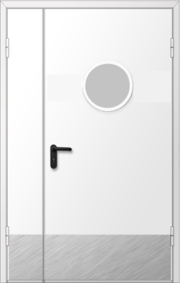 межкомнатная дверь двупольная металлическая с накладкой из нержавеющей стали и остеклением D300