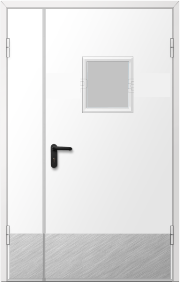 Дверь двупольная металлическая с накладкой из нержавеющей стали и остеклением 300х400