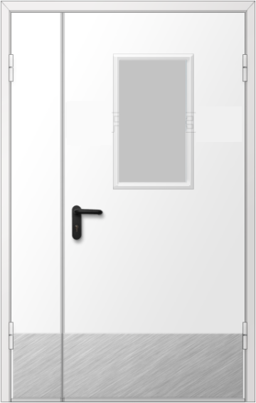 Дверь двупольная металлическая с накладкой из нержавеющей стали и остеклением 300х600